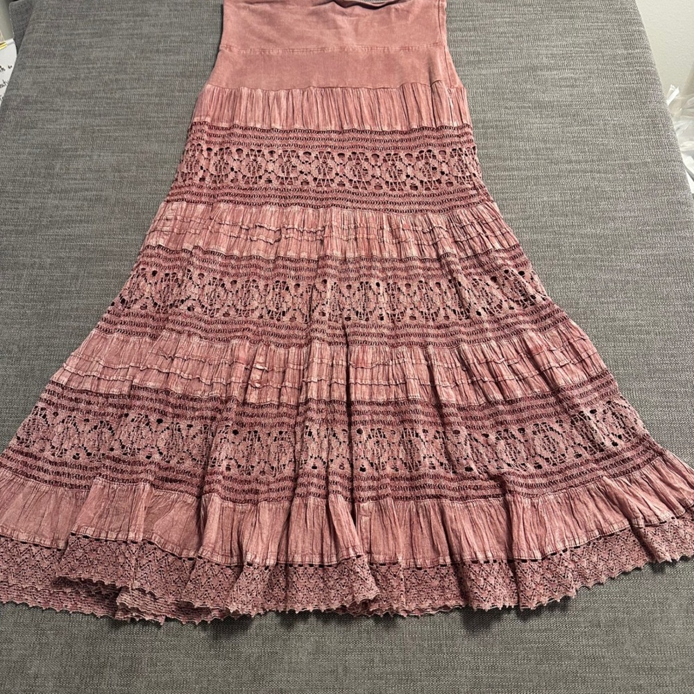 Vioelle Maxi Skirt Women S/M Pink Dusty Rose Boho Crochet Lace Tiered India